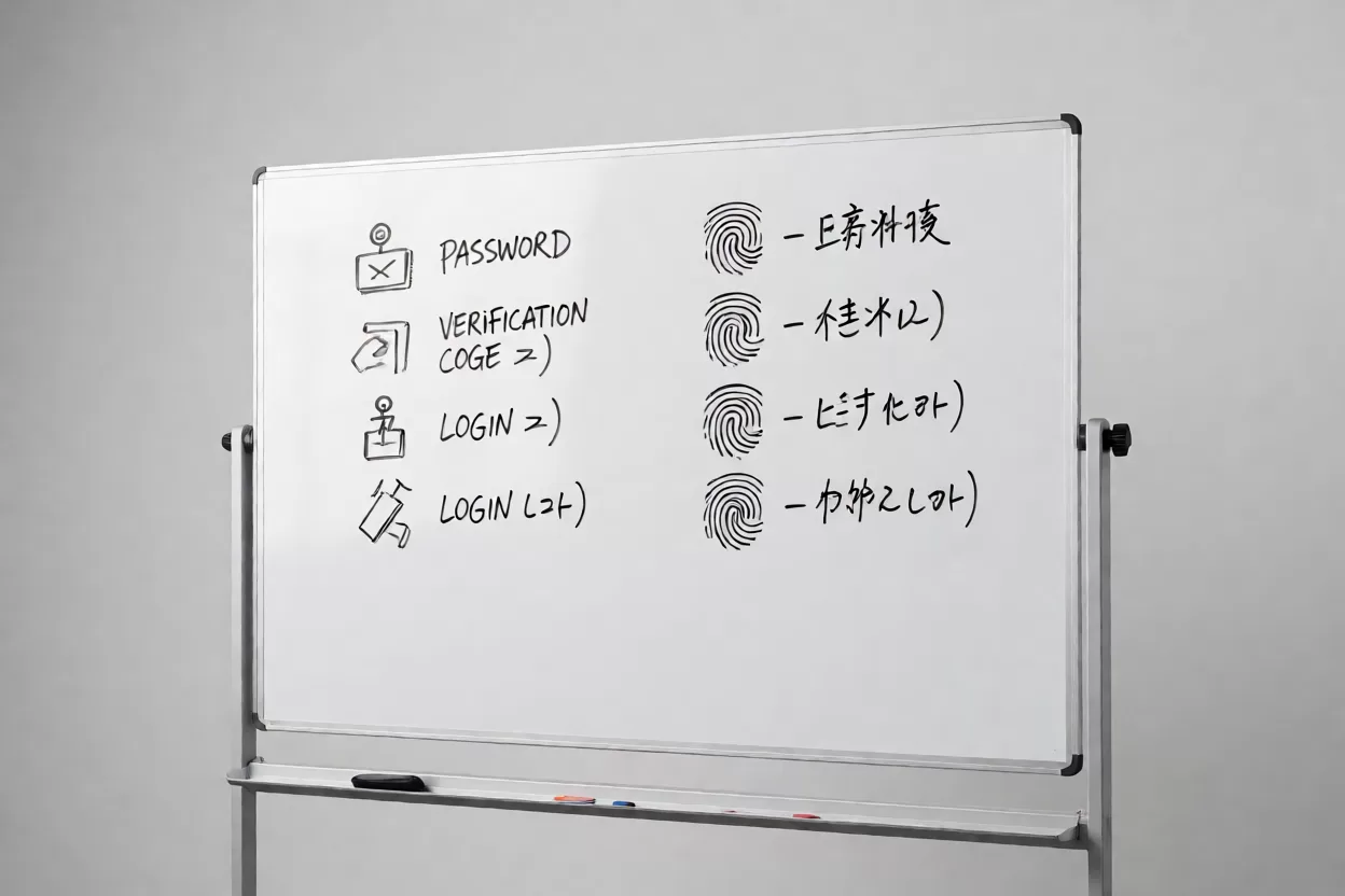 双重验证和通行密钥哪个好：桌上两台手机分别显示验证码与指纹登录界面