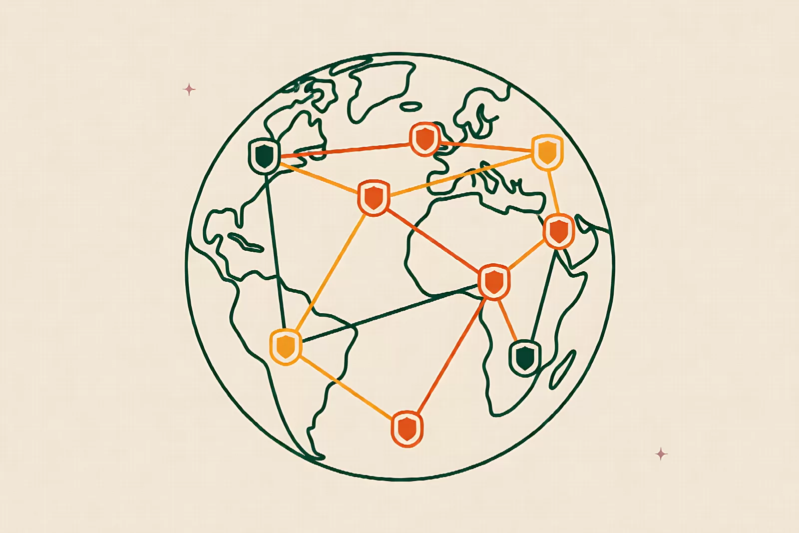 VPN 节点选择：地球轮廓上多条连线通往不同节点，节点旁有小盾牌图标